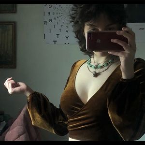 Brown velvet criss cross front& puff sleeve crop